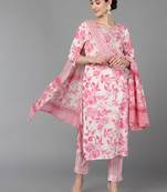 pink color printed cotton blend styles kurta trouser with dupatta