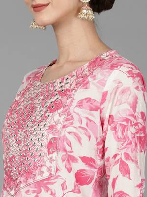 pink color printed cotton blend styles kurta trouser with dupatta 2
