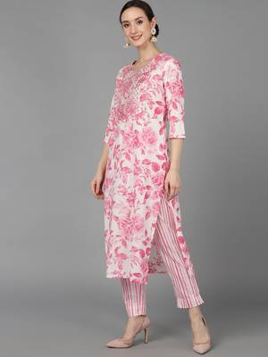 pink color printed cotton blend styles kurta trouser with dupatta 5