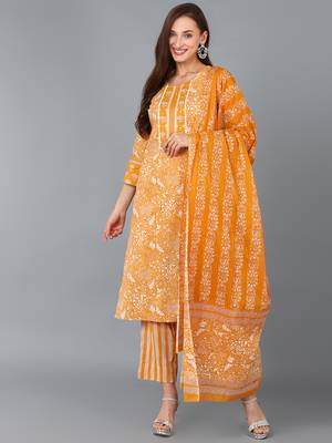 mustard color printed pure cotton styles kurta trouser with dupatta 1