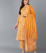 mustard color printed pure cotton styles kurta trouser with dupatta