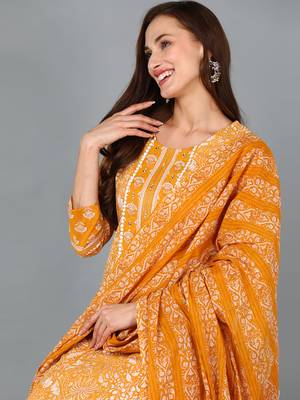 mustard color printed pure cotton styles kurta trouser with dupatta 2