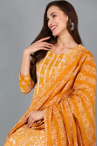 mustard color printed pure cotton styles kurta trouser with dupatta