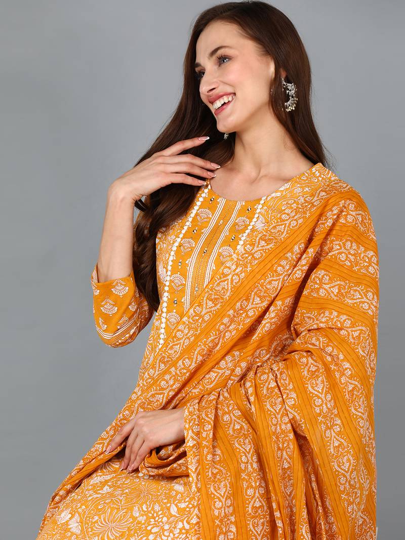 mustard color printed pure cotton styles kurta trouser with dupatta
