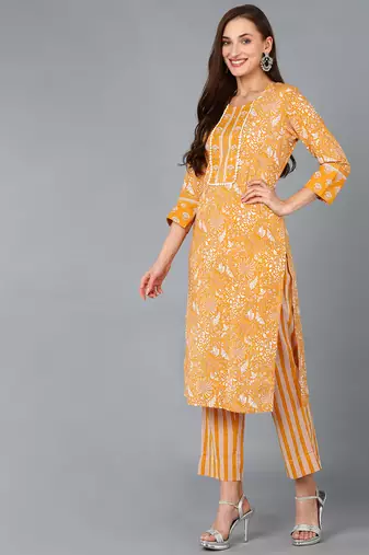 mustard color printed pure cotton styles kurta trouser with dupatta