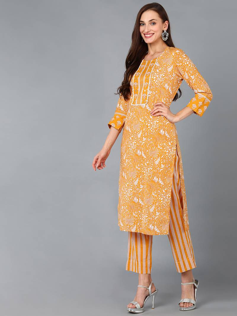 mustard color printed pure cotton styles kurta trouser with dupatta