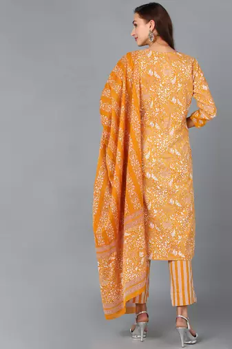mustard color printed pure cotton styles kurta trouser with dupatta