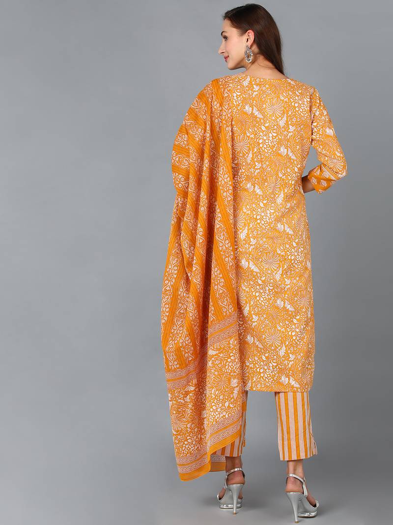 mustard color printed pure cotton styles kurta trouser with dupatta