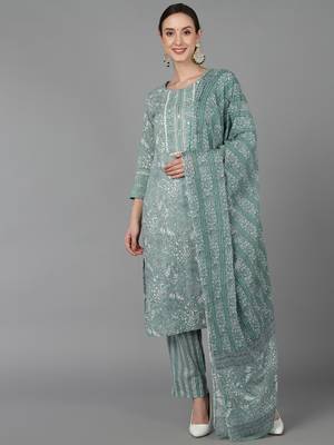 green color printed pure cotton styles kurta trouser with dupatta 1