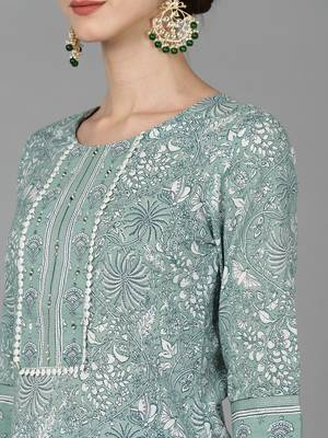 green color printed pure cotton styles kurta trouser with dupatta 2