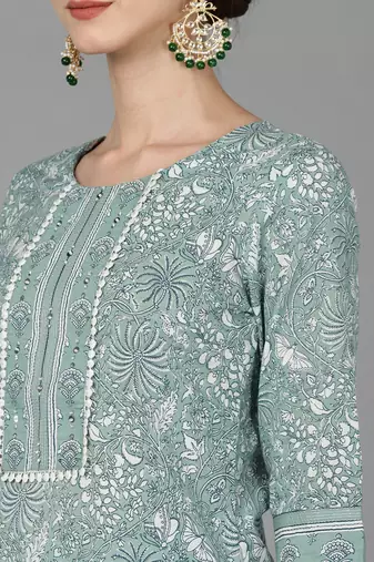 green color printed pure cotton styles kurta trouser with dupatta