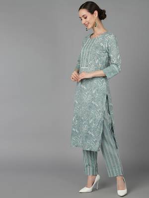 green color printed pure cotton styles kurta trouser with dupatta 3