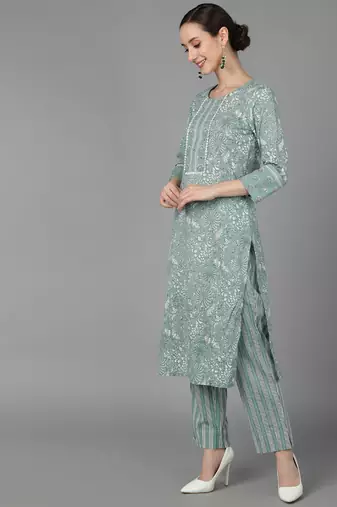 green color printed pure cotton styles kurta trouser with dupatta