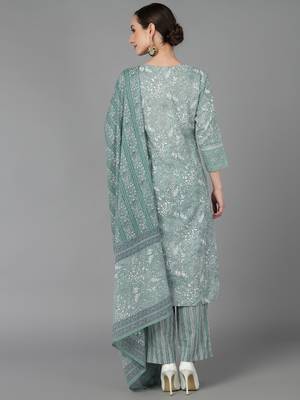green color printed pure cotton styles kurta trouser with dupatta 4