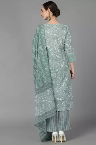 green color printed pure cotton styles kurta trouser with dupatta
