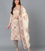 beige color printed cotton blend styles kurta trouser with dupatta