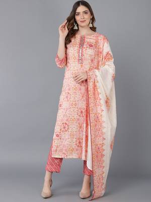 peach color printed poly silk styles kurta trouser with dupatta 1