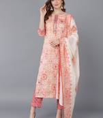 peach color printed poly silk styles kurta trouser with dupatta
