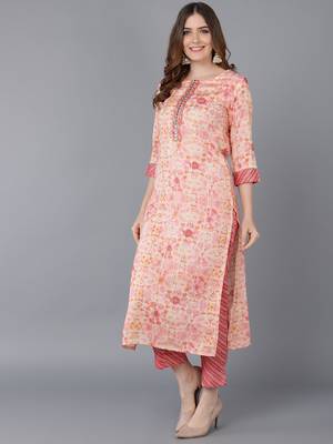 peach color printed poly silk styles kurta trouser with dupatta 3