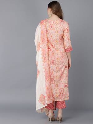 peach color printed poly silk styles kurta trouser with dupatta 4