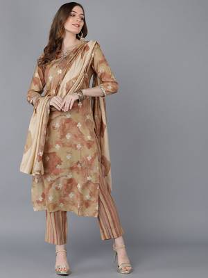 beige color printed poly silk styles kurta trouser with dupatta 1