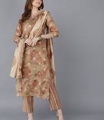 beige color printed poly silk styles kurta trouser with dupatta