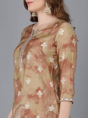 beige color printed poly silk styles kurta trouser with dupatta 2