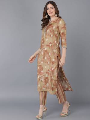 beige color printed poly silk styles kurta trouser with dupatta 3