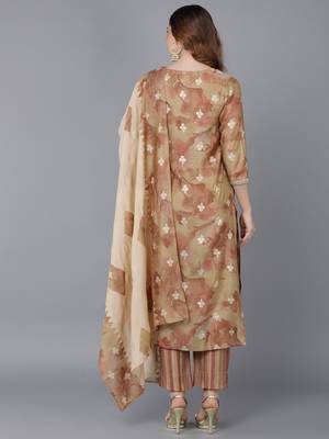 beige color printed poly silk styles kurta trouser with dupatta 4