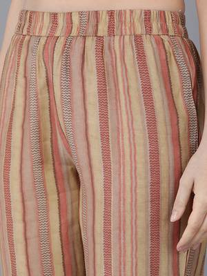 beige color printed poly silk styles kurta trouser with dupatta 5