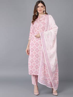 pink color printed poly silk styles kurta trouser with dupatta 1