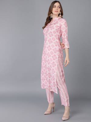 pink color printed poly silk styles kurta trouser with dupatta 3