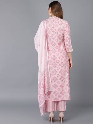 pink color printed poly silk styles kurta trouser with dupatta 4