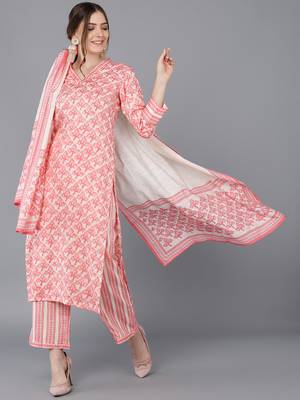 beige color printed cotton blend styles kurta trouser with dupatta 1