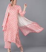 beige color printed cotton blend styles kurta trouser with dupatta