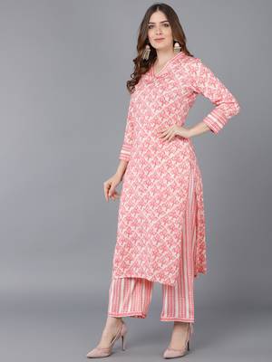 beige color printed cotton blend styles kurta trouser with dupatta 3
