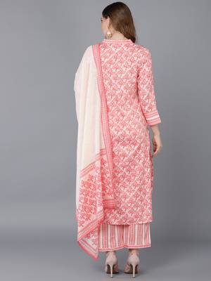 beige color printed cotton blend styles kurta trouser with dupatta 4