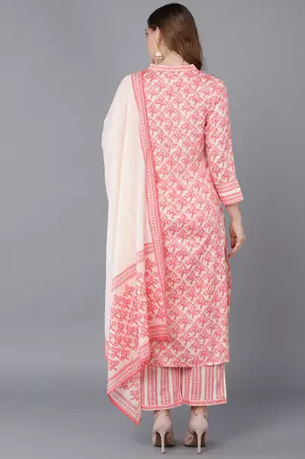 beige color printed cotton blend styles kurta trouser with dupatta