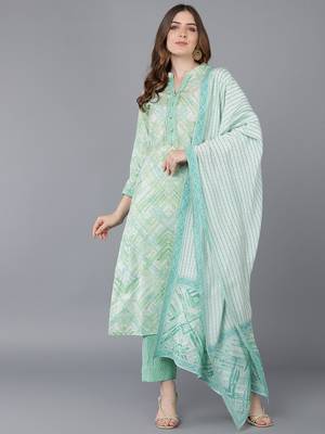 sea green color printed poly silk styles kurta trouser with dupatta 1