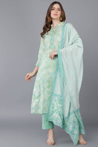 sea green color printed poly silk styles kurta trouser with dupatta