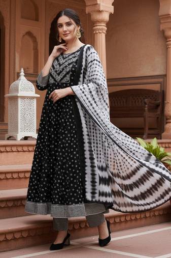black color embroidered pure cotton styles kurta trouser with dupatta