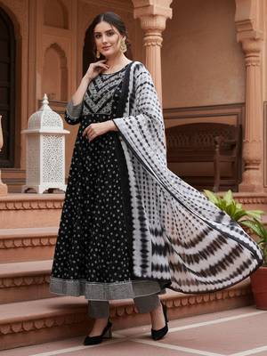 black color embroidered pure cotton styles kurta trouser with dupatta 1