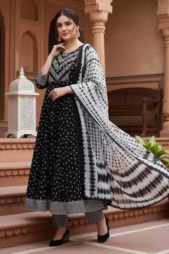 black color embroidered pure cotton styles kurta trouser with dupatta