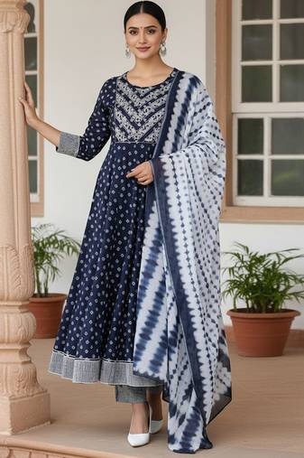 blue color embroidered pure cotton styles kurta trouser with dupatta