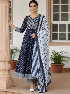 blue color embroidered pure cotton styles kurta trouser with dupatta 1
