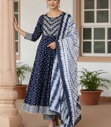blue color embroidered pure cotton styles kurta trouser with dupatta