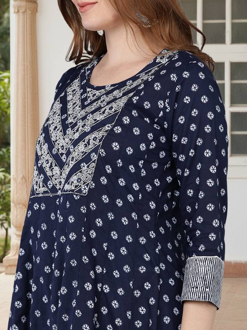 blue color embroidered pure cotton styles kurta trouser with dupatta