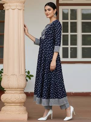 blue color embroidered pure cotton styles kurta trouser with dupatta 3