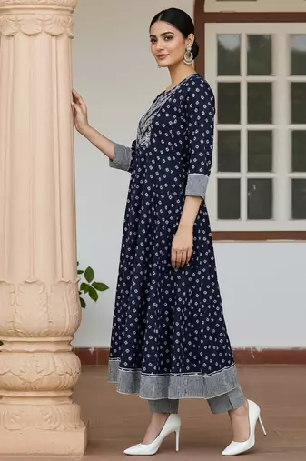 blue color embroidered pure cotton styles kurta trouser with dupatta