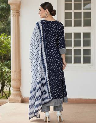 blue color embroidered pure cotton styles kurta trouser with dupatta 4
